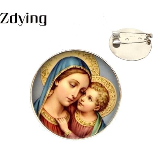 ZDYING Virgin Mary And Kids Baby Brooch Pin Glass Photo Cabochon Metal Brooch Christian Badge Gift For Woman Men Pins VM046