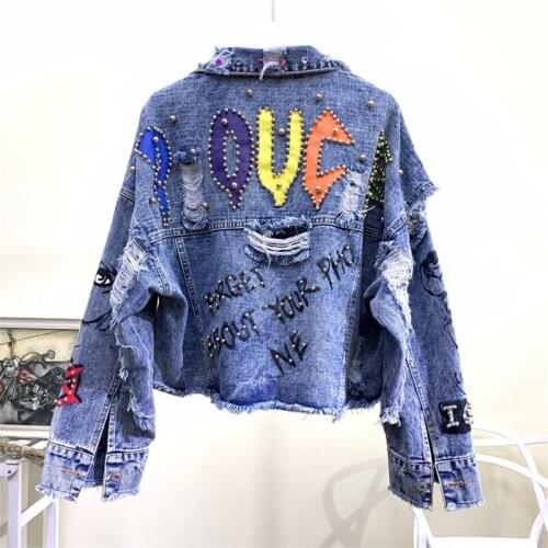2019 New Autumn Women Denim Jacket Graffiti Alphabet Printing Color Beading Holes Jeans Jacket Casual Fashion Student Basic Coat