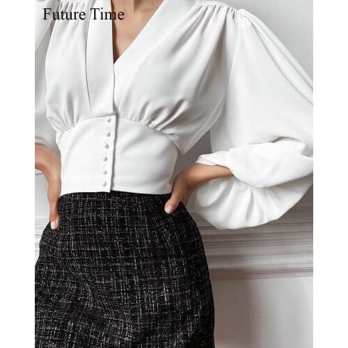 Women Big Lantern Sleeve Blouses Elegant Office Blusas 2021 Autumn Stand Collar Work Casual Solid Vintage Tops SS1084