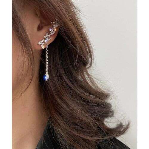 Temperament Sparkly CZ Zirconia Leaves Long Clip Earrings for Women Metal Chain Rhinestone Leaf Statement Earrings Party Jewelry