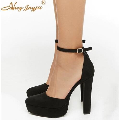 Platform Block Super High Heels Ankle Strap Black Apricot Lady Office Pumps Shoes Heeled Large Size 12 13 14 Spring 2019 Classic