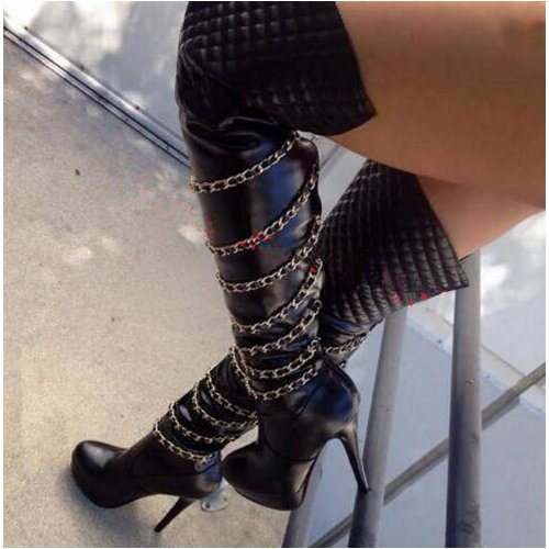 Women Charming Black Leather Round Toe Chains Design High Platform Over Knee Boots High Heel Thigh High Long High Heel Boots