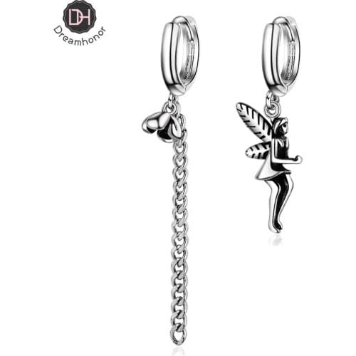 Dreamhonor Female 925 Silver Retro Vintage Angel Pixie Clip Earrings Long Chain Asymmetry Women Earrings Jewelry
