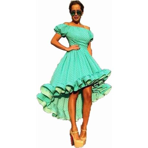 Newest HIGH QUALITY Russian Fashion Womens Sweet Puff Sleeve Slash Neck Dot Print Cotton Casual Dovetail Ball Gown Dress
