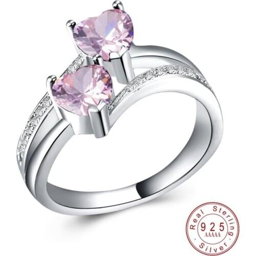 2019 Fashion Female Rings Inlaid With Double Heart-Shaped Azure/Pink/Green Zircons Crystal Ring For Women Valentines Day Gifts