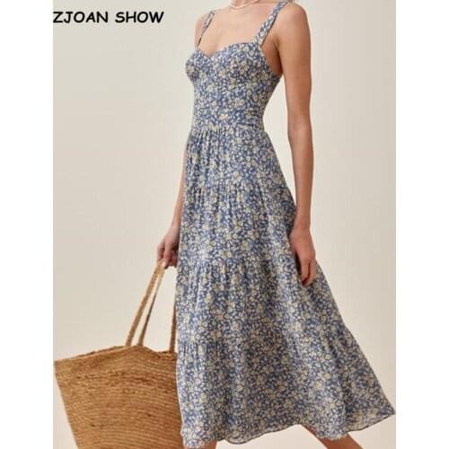 2021 Vintage France Style Blue Floral Print Strap Ruched Hem Midi Dress Sexy Women Elastic Back Swing Aline Sling Dress Holiday