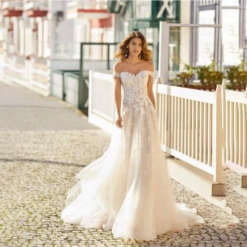 Glam Bridal Dress Boho Beach Vintage Off Shoulder Lace Wedding Dress Plus Size Bride Gown for Women Robes De Mariage