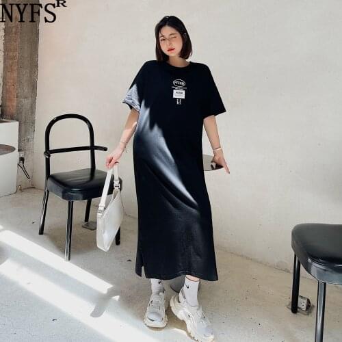 NYFS Summer Dress 2021 Korean New Loose Short Sleeve Woman Dress Vestidos Robe Elbise Fashion Letter Print Hem Split Dresses