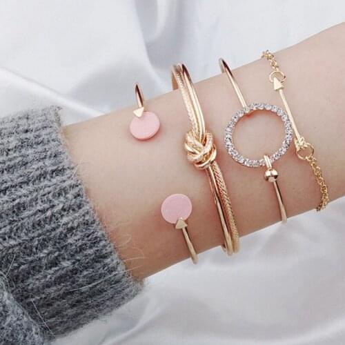 4pcs/set Trendy Bohemian Open Bangles Adjustable Gold/Silver Color Knot Arrow Opal Charm Bracelets For Women Wholesale B0262