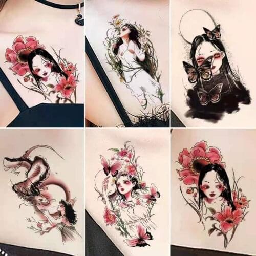 8pcs Temporary Tattoo Devil Mask Japanese Geisha Ukiyo-e Gril Body Art Water Transfer Fake Tatoo Flash Tatto Sticker Men Women