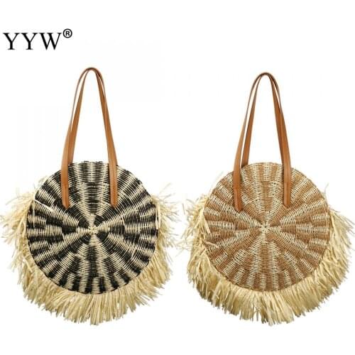 Large Tassel Round Straw Shoulder Bag Beach HandBags Casual Beach Shoulder Bag Women Hand-Woven Handbag Circle Bohemia Bag 2021