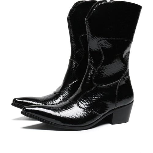 Bota Masculina Mens Winter Boots Business Dress Boots Patent Leather Snake Skin Warm Pointed Toe Boots Mens Winter Shoes