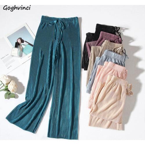 Casual Pants Women Pleated Lace-up Wide-leg Draped Leisure Korean Loose All-match Elegant Solid Chiffon Womens Trousers Chic New