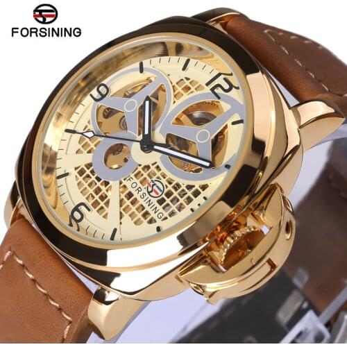 Mens Watches Top Brand Luxury Forsining Windmill Designer Brown Suede Strap Golden Bezel Military Casual Series Automatic Watch