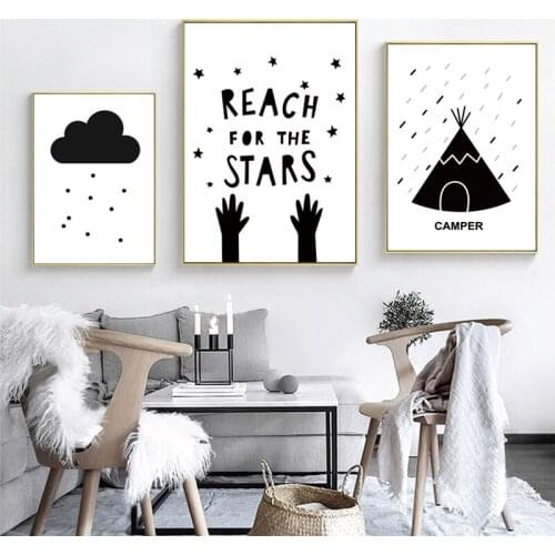 Black And White Childrens Cartoon Art Print Reach For The Stars Canvas Painting Poster Family Room Decoration