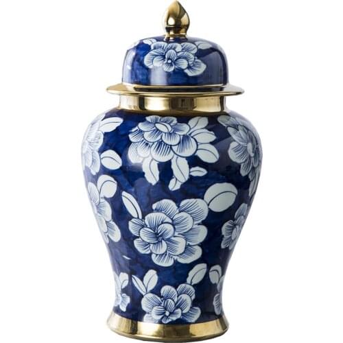 Jingdezhen ceramic jar pure handmade and handpainted blue and white golden general tank storage tank handicraft decorative vase