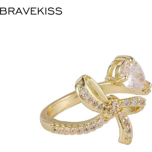 BRAVEKISS Bowknot Elegant Cubic Zirconia Rings Luxury CZ Stone With Open Yellow Gold Color Ring Fashion Jewelry For Women PR0242
