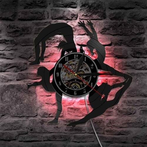 Gymnastics Girls Silhouettes Wall Art Sports Girl Tumbling Vinyl Record Wall Clock Dancing Room Wall Decor Gift For Gymnast