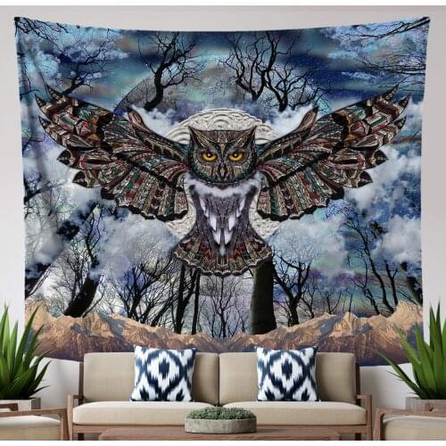 Moon Owl Tapestry Blue Mandala Wall Tapestry Dark Forest Design