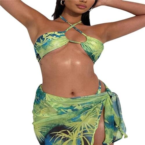 Hirigin 2021 New Women’s Sexy Vest and Skirt Suit Fashion Printing Halter Tops and Bandage Short Skirt with Thong Bikinis Set