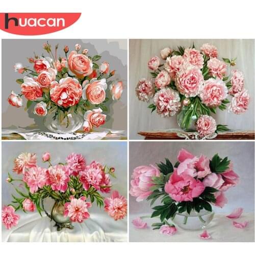 HUACAN DIY Frame Picture By Number Pink Flowers Kits Handpainted Calligraphy Painting Drawing On Canvas For Adults Home Decor