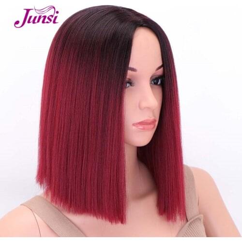 JUNSI Short Red Bob Synthetic Wigs Black Straight Hair Middle Part Ombre Wig for Women High Temperature Fiber Hair