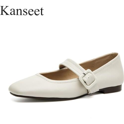 Kanseet Genuine Leather Flats For Women Shoes Comfortable Soft Shoes Handmade Pump Shallow Buckle Strap Dress Low Heels Footwear