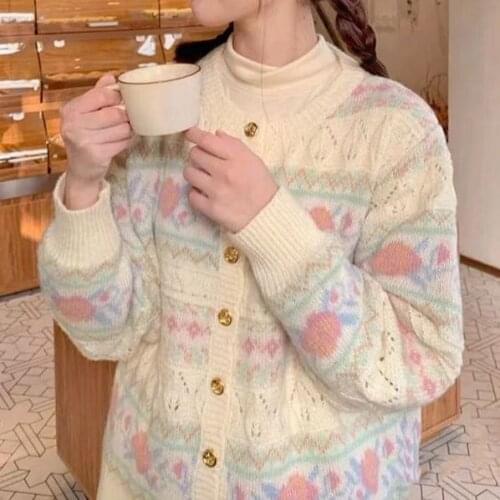 Autumn Cute Kawaii Cardigan Loose Hollow Sweet Japanese Style Knitted Jacket Winter Ins Floral Embroidery Knitted Cardigan Women