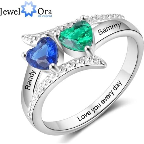 JewelOra Personalized Name Engrave Custom Ring with Heart Birthstone Silver Color Wedding Engagement Mother Rings Gift for Women