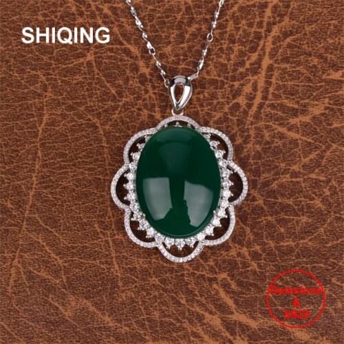 SHIQING 100% Nature green chalcedony sterling silver s925 big flower luxury 20*30mm pendant necklace for lady