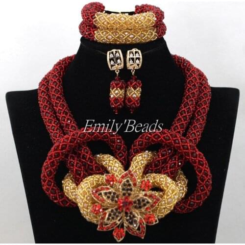 Wine African Beads Jewelry Set Gold Nigerian Wedding Costume Crystal Bridal Jewelry Set Burgundy Beads Set Free Shipping AIJ734