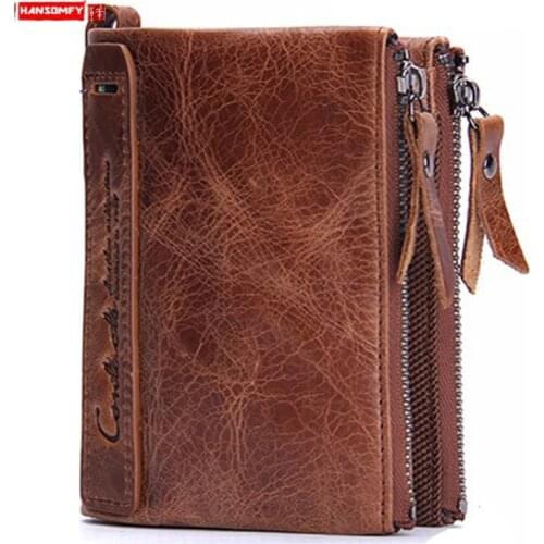 Leather Mens Wallet Short Fashion Coin Purse Crazy Horse Cowhide Card Holder Double Zipper Wallets