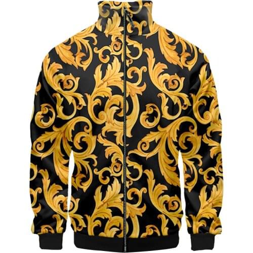 Stand Up Collar Jacket 3d-printed Golden Floral Flower Baroque Vogue And Trenty Luxury Casual Oversized Zip Up Jacket Coats IFPD