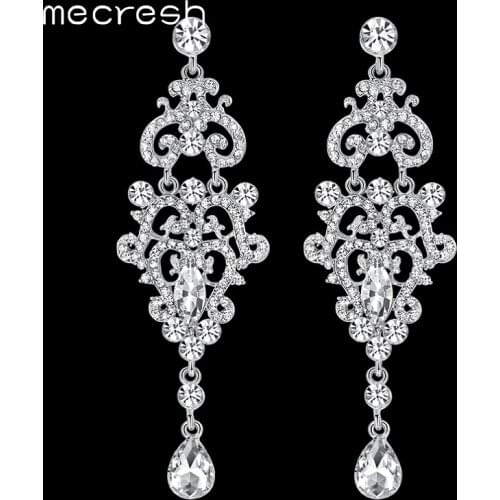 Mecresh Crystal Chandelier Wedding Drop Earrings Silver Color Rhinestone Long Hanging Dangle Earrings Engagement Jewelry EH189