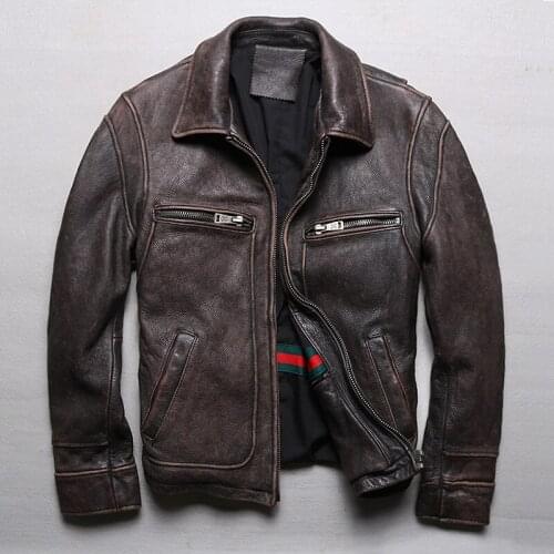 Mens Retro Brown Genuine Leather Jacket Classic Vintage Motorcycle Jacket High Quality Thick Cowhide Coats Plus Size S-5XL