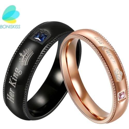 Boniskiss New Couple Engagement Ring Lovers Rings For Women And Men Stainless Steel Jewelry Wedding "Her King" "His Queen" Rings