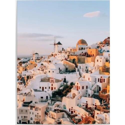 Wall Art HD Prints House Windmill Sunset Santorini Greece Canvas Painting Home Decor Living Room Modular Artwork Pictures Framed