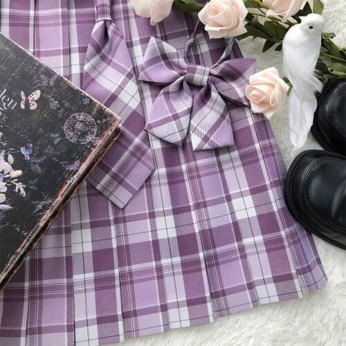 Original Design Purple Plaid Checks Pleated Skirt Good Quality Sharp Pleats Preppy Style & Necktie/Neckbow