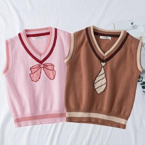 Autumn Girls Sleeveless Sweater Kids Knit Vest Bow Boy Bow Tie Embroidery Sweet Girls Pullover Tops Children V-neck Sweater