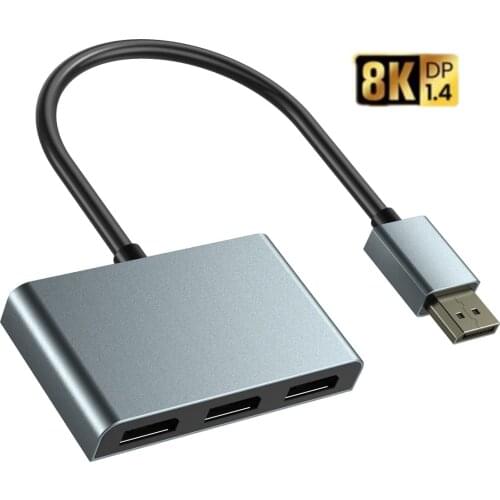 DisplayPort 1.4 to DisplayPort 1x3 MST Hub 8K@30Hz 4K@120Hz Multi Monitor Splitter Adapter With Extended Display and Mirror Mode