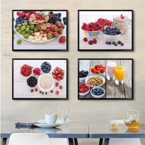 Summer Breakfast Fruits Blueberry Strawberry Posters Food Kitchen Wall Art Print Fruit Canvas Painting Picture Dining Room Decor