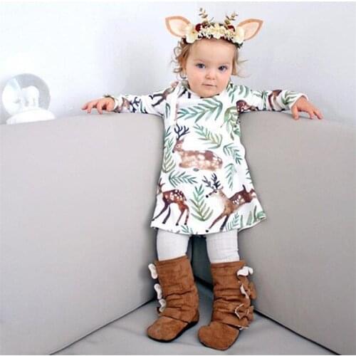 Baby Girls Clothing Dress Kids Girls Long Sleeve O-neck Dress One-piece Trees Deer Cotton Dresses Toddlers Clothes Kid Bow Dress
