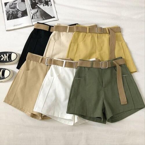 Casual Solid Vintage Women Shorts Summer Female Korean Straight Shorts Mujer Empire Button Fly Sashes Pockets Sweet Mini Shorts