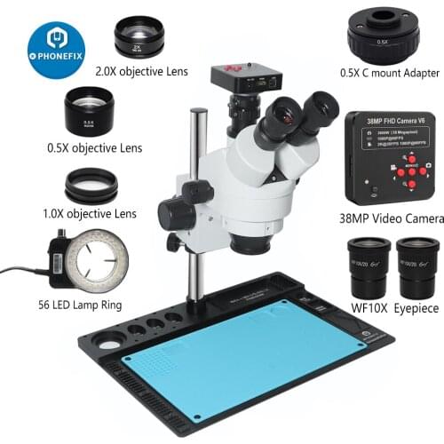 Phone PCB Soldering Repair Lab Industrial 3.5X-90X Simul-focal Trinocular Stereo Microscope 1080P 38MP HD USB Microscopio Camera