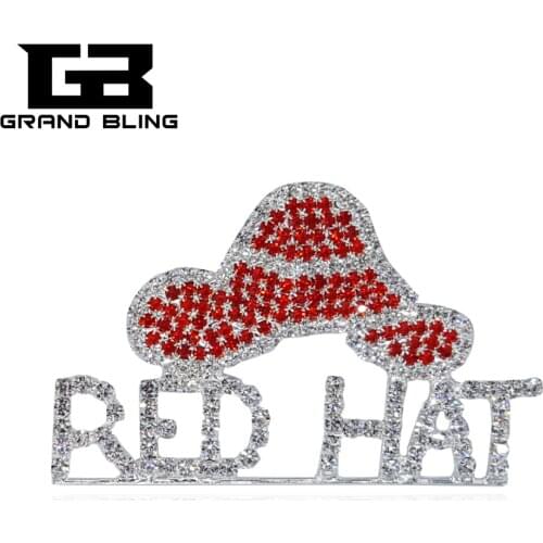 Rhinestone Red Hat Theme Jewelry " Red Hat " Word Brooch Pins for Red Hat Society Ladies