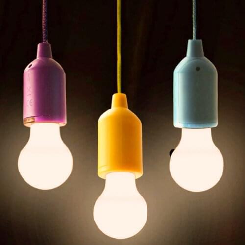 LED Pull Cord Bulbs Hanging Battery Powered Outdoor Decor Warm White Night Light Hanging Cage Lampshade Ceiling Light