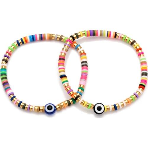 Unique Vinyl Heishi Discs Beads Black Blue Evil Eye Stretch Bracelet Women Femme Accent Beads CCB Spacer Bead Summer Jewelry DIY