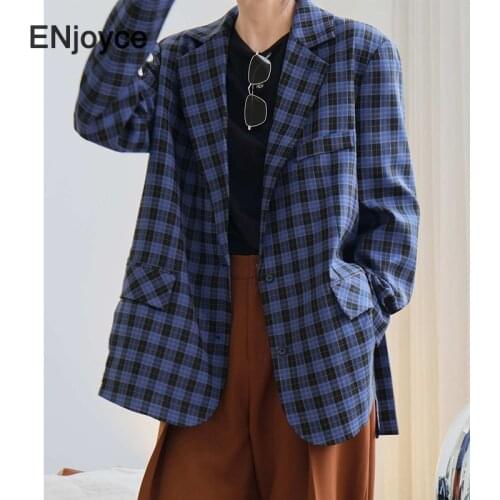 Vintage Blue Plaid Blazer Women Korean Fashion Digging Space on Both Sides of the Profile Suit Overcoat Mid-length Loose Coat