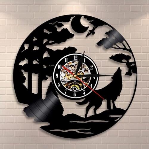 Howling Wolf at Moon Wall Art Decor Wall Clock Vinyl Record Wall Clock Wildlife Forest Wolf Wall Sign Vinyl Record Timepiece