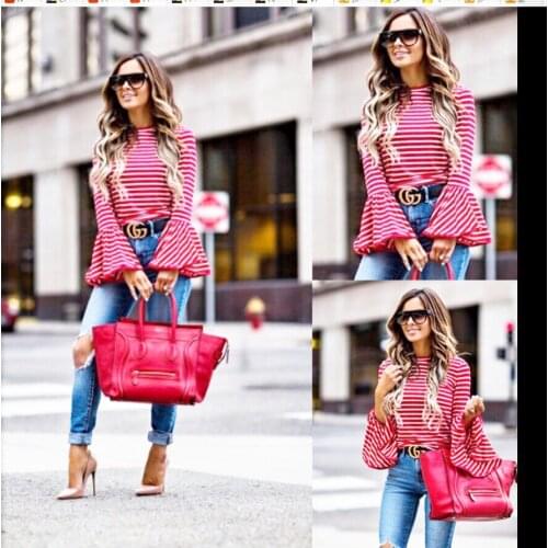 S-2XL women o neck long flare sleeve tops t shirt street style striped t shirt tops autumn spring casual leisure brand t shirt